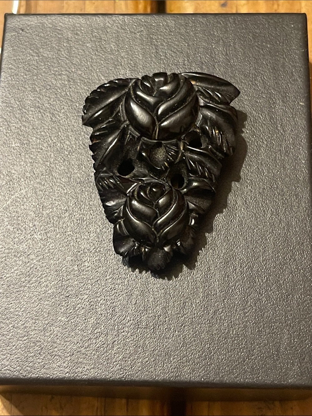 Black Floral Carved bakelite fur clip